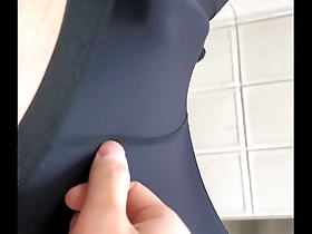 Solo Japanese beauty in tight clothing enjoys a spatula cum shower