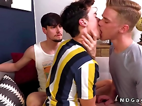 Stepbrothers have a bareback gang bang in the living room.
