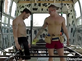 Gay men having sex outdoors after work as auto mechanics.