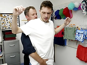 Young gay mall security officer catches a shoplifting twink with evidence.