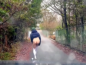 Mayu-chan, a femboy, enjoys the early morning outdoors naked and exposed under the rainbow and becomes sexually aroused.