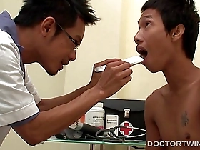 Gay medical fetish scene with cum, pissing, and barebacking with Asian patients Oliver and Joe.