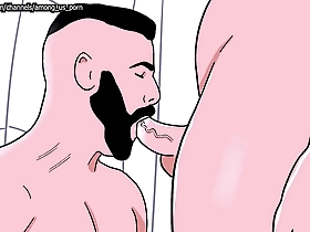 Animated yaoi porn with an Asian man and a bearded straight man engaging in oral sex.