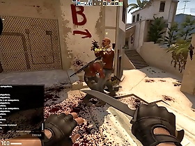 A gay woman has an orgasm while fighting on the battlefield.