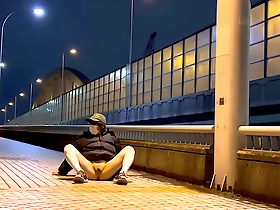 Mayu-chan, a female sissy, is naked on the bridge walkway at night and gets exposed by passing cars.