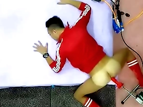 Red fun with buttmachine and dildo in gay Asian video.