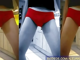 Slender mature man flaunts his throbbing member in seductive red pantyhose