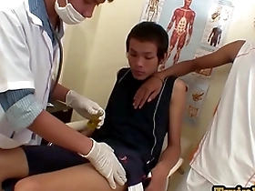 Asian twink gets cum explosion after threesome with doctors and oral sex