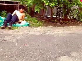 Public nudity with Hansel Thio in downtown garden for adult magazine photoshoot