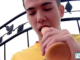 Xander is a skinny brunette boy who likes to pleasure himself with a dildo and masturbates to orgasm.