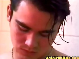 Asian handsome amateur twink jerks cock in the bathroom